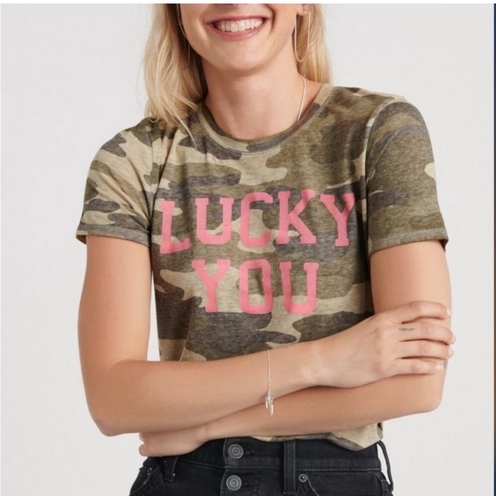 Lucky Brand 🍀 Camouflage Tee with Lucky You Pink Print 💖